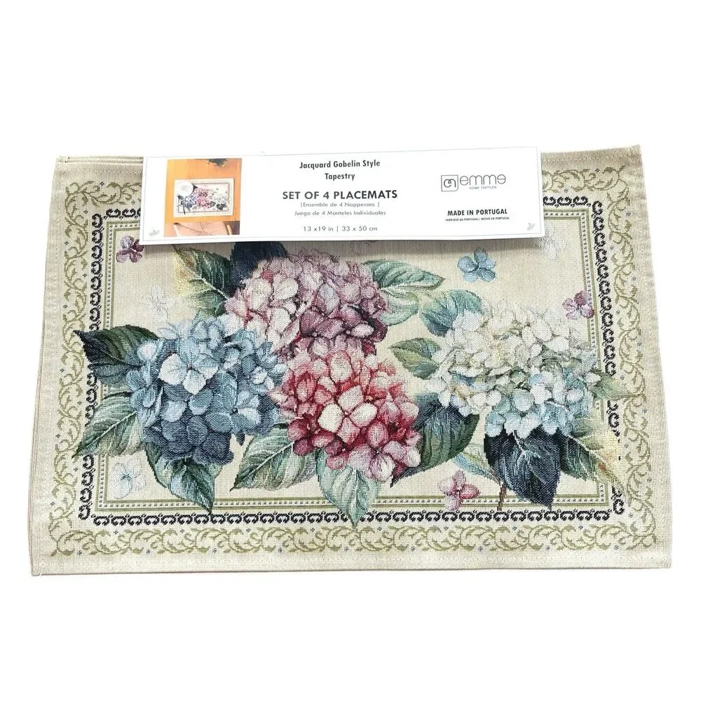 EMME Jacquard Gobelin Tapestry 4 Table Placemats Floral Hydrangea Cottage NEW